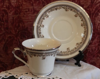 Lenox China Teacup and Matching Saucer - Lace Point Pattern, Platinum Band