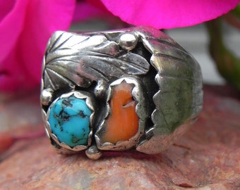 Native American Turquoise and Coral Sterling Ring