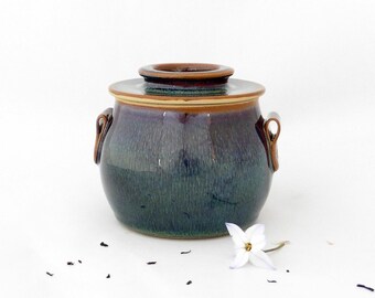French butter keeper, French butter dish, brown and blue, Stoneware