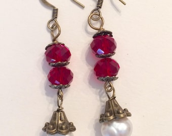 Downton Abbey Inspired Garnet and Fresh Water Pearl Earrings