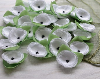Fabric flowers, sheer silk flowers bulk, wholesale silk flowers, flower appliques, floral embellishments (6 pcs) - WHITE ROSES With Leaves