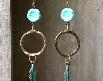Turquoise Earrings, Flower Earrings, Feather Earrings, Bronze Earrings, Boho Earrings, Nature Earrings, Rustic Earrings, Tribal Earrings