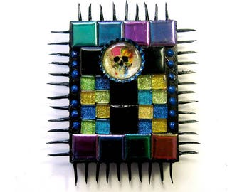 Day of the Dead Mosaic Mixed Media Art, Day of the Dead Wall Decor, Spiky Skull Mixed Media Art, Día de Muertos Mosaic Mixed Media Art