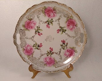 Large Antique Gold Trim Pink Roses Decorative Plate