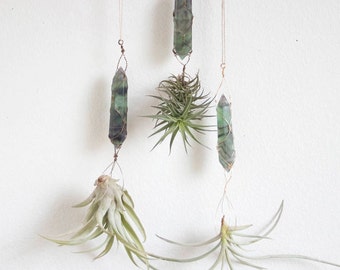 Yoga Studio Gift, Hanging Planter, Crystal Air Plant Display, Wire Wrapped Fluorite Air Planter, Purple And Green, Mystical, Spiritual Gift