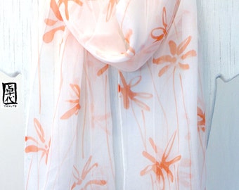 Hand Painted Silk Scarf, Floral Scarf, White Silk Scarf, Silk Chiffon Scarf, Spring Meadow Orange Silk Scarf, 10x58 in. Made to order.