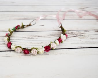 Handcrafted Pink and Ivory Flower Crown - Hot Pink Flower Halo - Pastel Pink Bridesmaid - Flower Girl Crown - Renaissance Flower Crowns