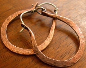 Copper Hoop Earrings With Sterling Silver Ear Wire - Horseshoe Hoop Earrings - Rustic Jewelry - Hammered Copper Earrings - Oxidized Copper