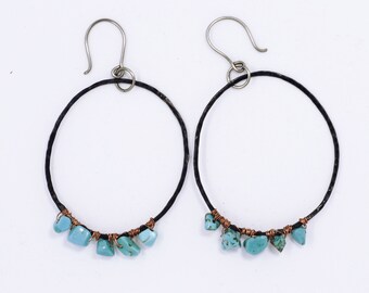 Turquoise dangle earrings - Chandelier earrings - Statement earrings - 0.8mm - Unique - Titanium earrings - Copper hoops - Rustic hoops