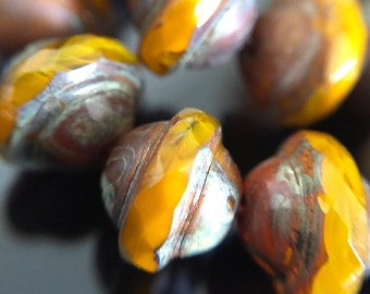 Mustard Glass Saturn Beads, Orange Yellow Czech Glass Flying Saucer Beads, UFO beads with Picasso, 8x10mm - 10 beads (SAT-01)