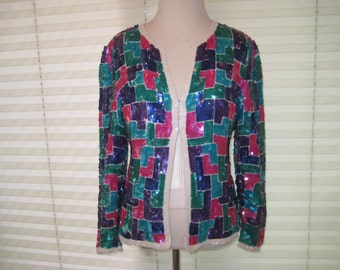 80s sequined jacket blazer, Stenay, purple, pink turquoise, teal jacket, formal evening blazer, party jacket, small medium, 1116