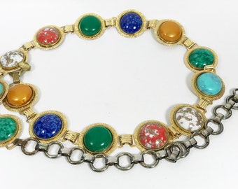 Vintage Mulitcolor Stone Goldtone Metal Link Belt