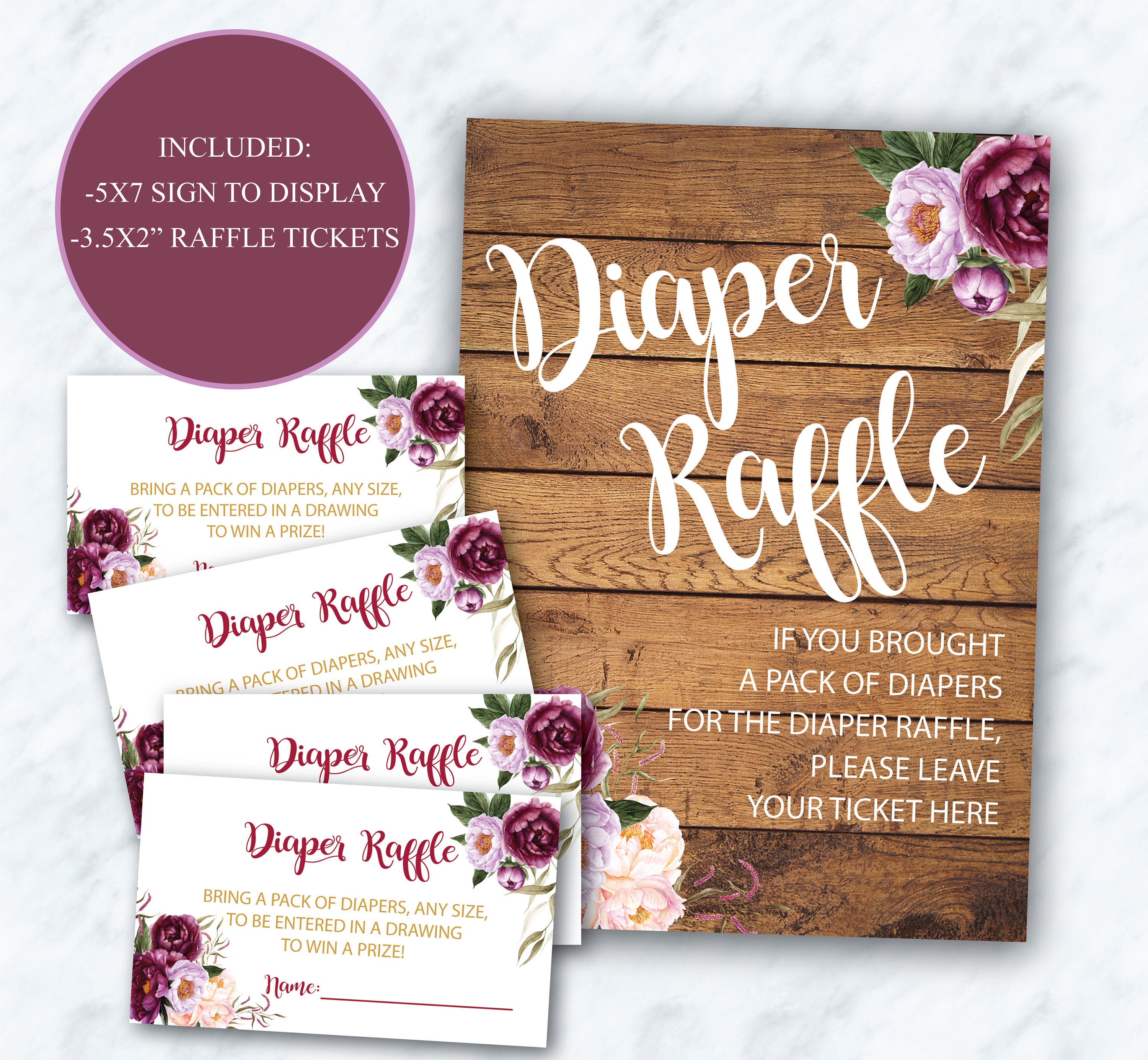 burgundy floral diaper raffle ticket sign peony gold raffle ticket sign