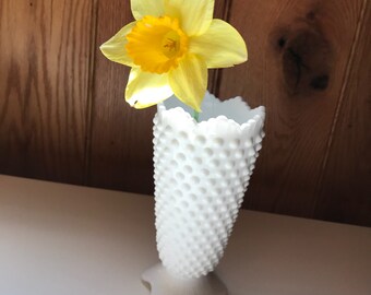 Vintage Milk Glass Vase with Scalloped Edge/ Footed Hobnail Milk Glass Vase/ White Hobnail Milk Glass Vase