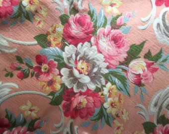 Peach, Pink Cabbage Roses/Tulips, Blue & Gray Barkcloth Panel