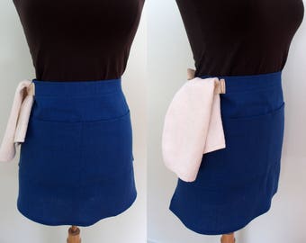 Royal Blue Linen Bistro Apron, Half Apron with Pocket and Towel Loop, Blue Waist Apron, Blue Waitress Apron, Server Apron, Restaurant Apron