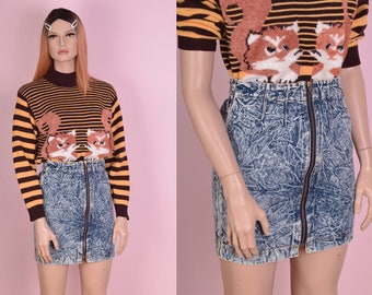80s Acid Wash Denim Zip Up Skirt/ 27.5 inches/ 1980s