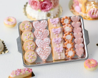 MTO-Pink-Themed Butter Cookies on Metal Baking Tray (Hearts, Gift Parcels etc) - 12th Scale Miniature Food (Pink Collection 2016)