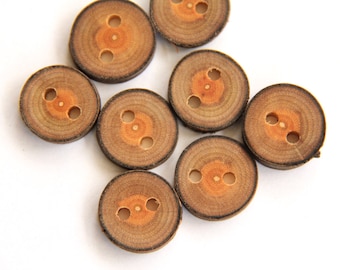 8 small round buckthorn wood buttons with bark - 3/4 Inch