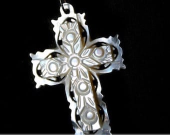 Vintage Hand Carved Mother of Pearl Cross Pendant from Bethlehem