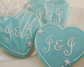 Monogrammed Heart Cookies, Wedding Cookies, Anniversary - 12 Decorated Sugar Cookie Favors