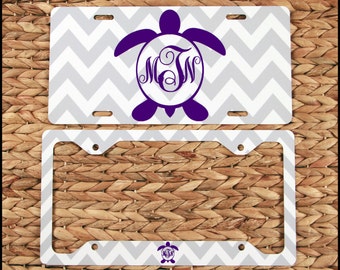 Turtle Monogram License Plate & License Plate Frame, Personalized Car Accessories Car Tags License Plates Nautical Cute Car Accessories