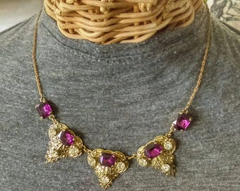 Art Deco Magenta Czech Glass Filigree Necklace
