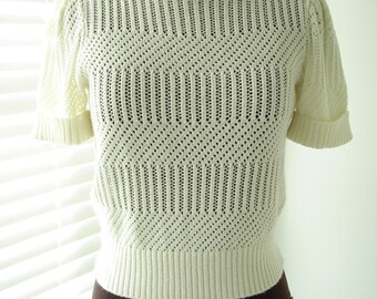Creamy Ivory Short Sleeve Lacey Knit Sweater 34" Bust
