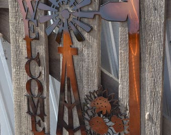 Windmill & Sunflower Metal Art - Welcome Sign