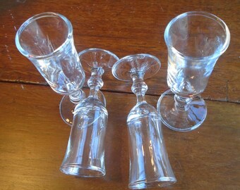 Set of 4 tall, thin, footed aperitif, cordial glasses / vintage barware glasses / sipping whiskey glasses / small footed bar glasses
