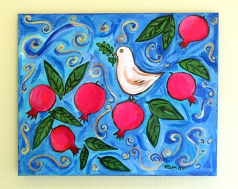 Pomegranate Art, Painting on Canvas, Peace Dove, Pomegranate Tree, Original Acrylic Painting, 16X20 inch, Shalom Artwork, Pomegranate Decor