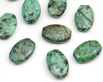 Flat oval African turquoise beads, blue green semiprecious stone 15mm, 10 pcs