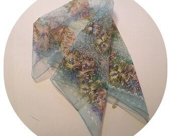 Vintage 1950's Turquoise Floral Nylon Scarf
