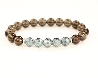 Aqua Aura Quartz Bracelet Smokey Quartz Bracelet Healing Crystal Bracelet Throat Chakra Bracelet Gift for Her