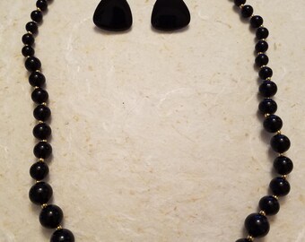 Vintage Glossy Black Earrings & Beaded Necklace