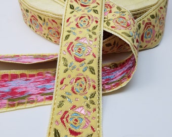 Metallic Yellow Roses Jacquard Fabric Trim 1 1/2 inch wide sold by the yard