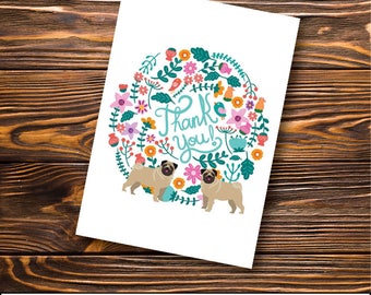 Pug Greeting Card - Pug - Thank You Card | Floral Card