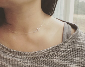 Cross Necklace, Sideways Cross Necklace, All Sterling Silver, Everyday Wear, Holiday Gift, Cross Choker, Holiday Gift