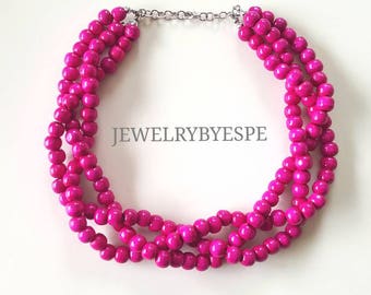 Hot Pink Beaded Necklace, Statement Necklace, Beach Wedding Jewelry, Multi Strand Necklace, Chunky Bib twisted braided pink necklace