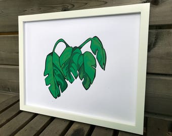 Fluorescent green 'Bird of Paradise' pop art tropical palm leaf screen print.