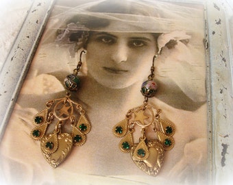 clover one of a kind vintage assemblage earrings . green pink and blue cloissone beads vintage emerald rhinestones