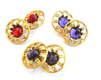 6 Vintage buttons, gold color flower shape with assotred colors inside trims 20mm