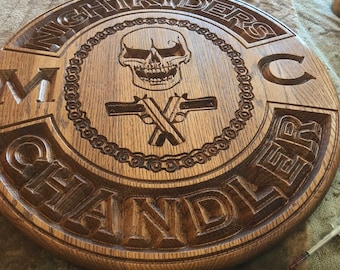 16" across - MC Motorcycle Club Plaque - Oak