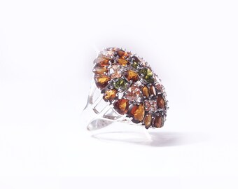 Silver ring, citrine, smoky quartz and peridot