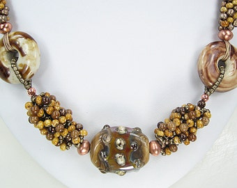 Beaded Kumihimo Necklace with Lampwork Tab Focal and Earrings. Golden Tan