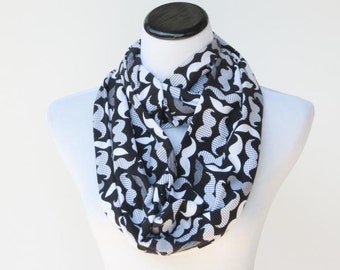 Black gray white mustache infinity scarf - circle scarf soft funny loop scarf gift idea for her - gift for mom gift for girl