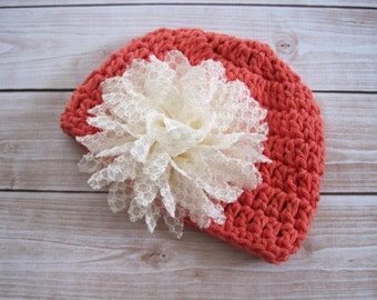 Baby Girl Hat, Baby Girl Clothes, Girl Photo Prop, Baby Coming Home Hat, Newborn Baby Girl Hat, Girl Infant Hat, Orange, Baby Flower Hat