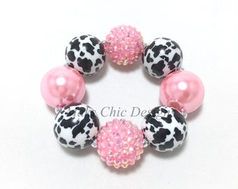 Toddler or Girls Pink Cow Print Chunky bracelet - Farm Girl chunky bracelet - Girls Bubblegum Bracelet - Cow Print Chunky Bracelet