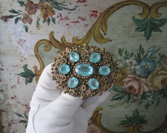 Large Czech Brooch Sash Hat Pin Aqua Blue Glass Set in Gold Metal Stunning