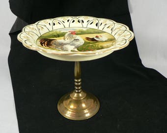 Compote Plate Rooster & Hens on Brass Pedestal 01977g1407a